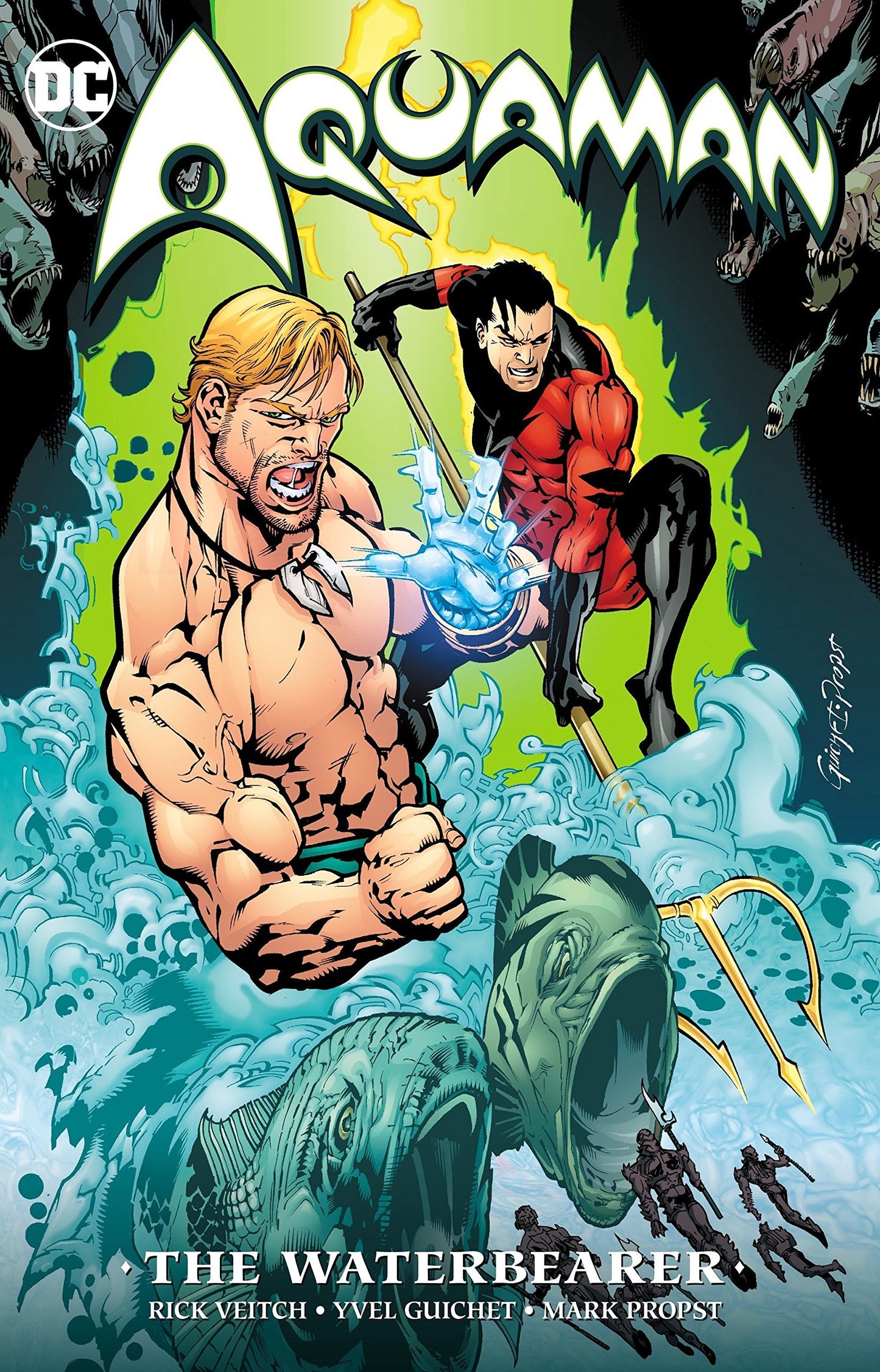 Book cover of Aquaman: The Waterbearer by Rick Veitch, Steve Conley, Yvel Guichet (Illus.), Mark Propst (Illus.), Darryl Banks (Illus.), Norm Breyfogle (Illus.), Rob Haynes (Illus.), Joshua Hood (Illus.), Dietrich Smith (Illus.), Sal Velluto (Illus.), Bob Almond (Illus.), Dennis Janke (Illus.), Rob Leigh (Illus.), Sean Parsons (Illus.), Bob Petrecca (Illus.)