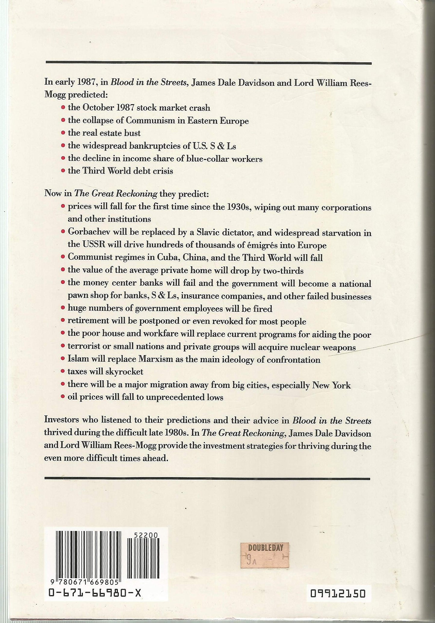 Book cover of The Great Reckoning: How the World Will Change in the Depression of the 1990'S by James Dale Davidson