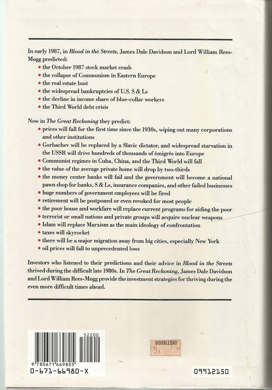 Book cover of The Great Reckoning: How the World Will Change in the Depression of the 1990'S by James Dale Davidson