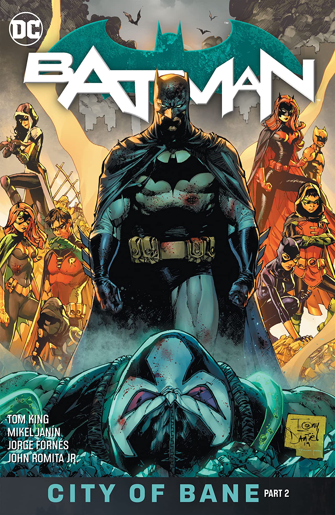 Book cover of Batman, Vol. 13: City of Bane, Part 2 by Tom King, Mikel Janín (Illus.), John Romita Jr. (Illus.), Jorge Fornés (Illus.), Mitch Gerads (Illus.), Mike Norton (Illus.), Klaus Janson (Illus.), Hugo Petrus (Illus.), Jordie Bellaire (Colorist), Dave Stewart (Colorist), Tomeu Morey (Colorist), Clayton Cowles (Letterer)