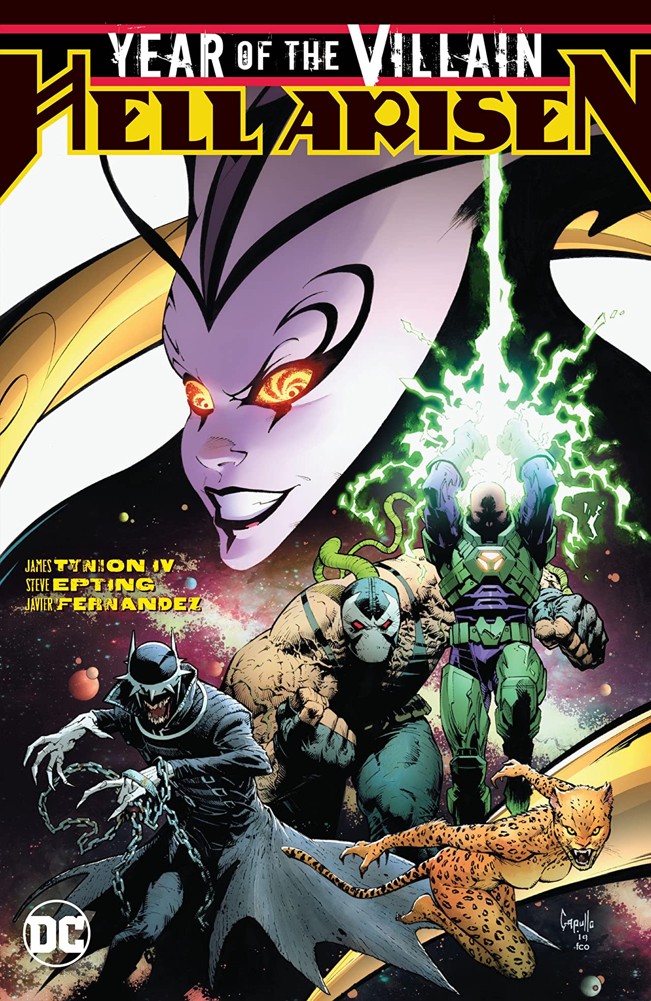 Book cover of Year Of The Villain: Hell Arisen by James Tynion IV, Steve Epting (Illus.), Javier Fernández (Illus.), Scott Snyder, Brian Michael Bendis, Jim Cheung (Illus.), Alex Maleev (Illus.), Francis Manapul (Illus.), Nick Filardi (Colorist), Tomeu Morey (Colorist)