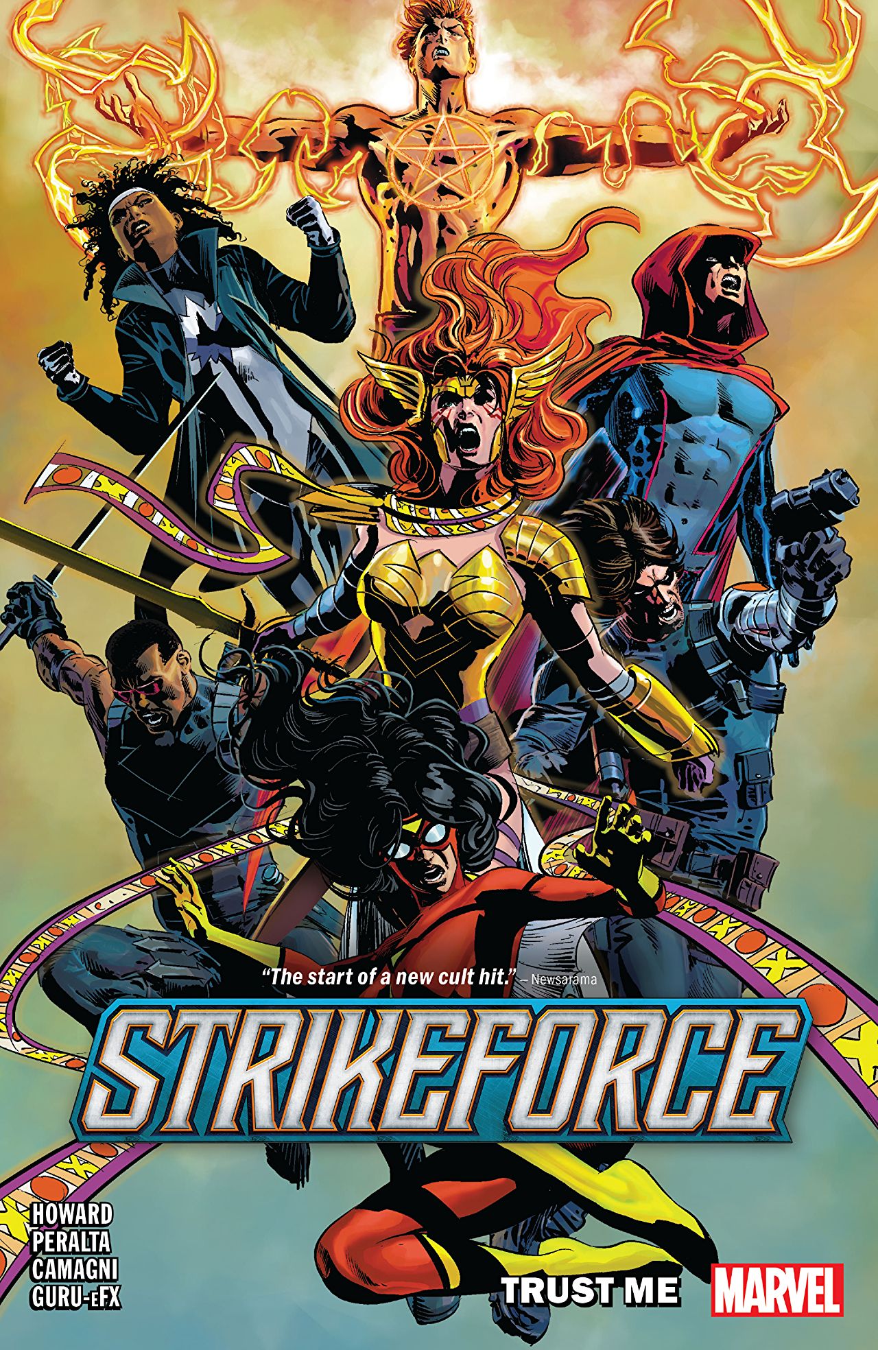 Book cover of Strikeforce, Vol. 1: Trust Me by Tini Howard, German Peralta (Illus.), Jacopo Camagni (Illus.), Jordie Bellaire (Color Artist), Miraslav Mrva (Color Artist), GURU-eFX (Color Artist), Marco Rudy (Illus.), Max Fiumara (Illus.), Dan Brown (Illus.), Marika Cresta (Illus.), Stacey Lee (Illus.), Joe Sabino (Letterer)