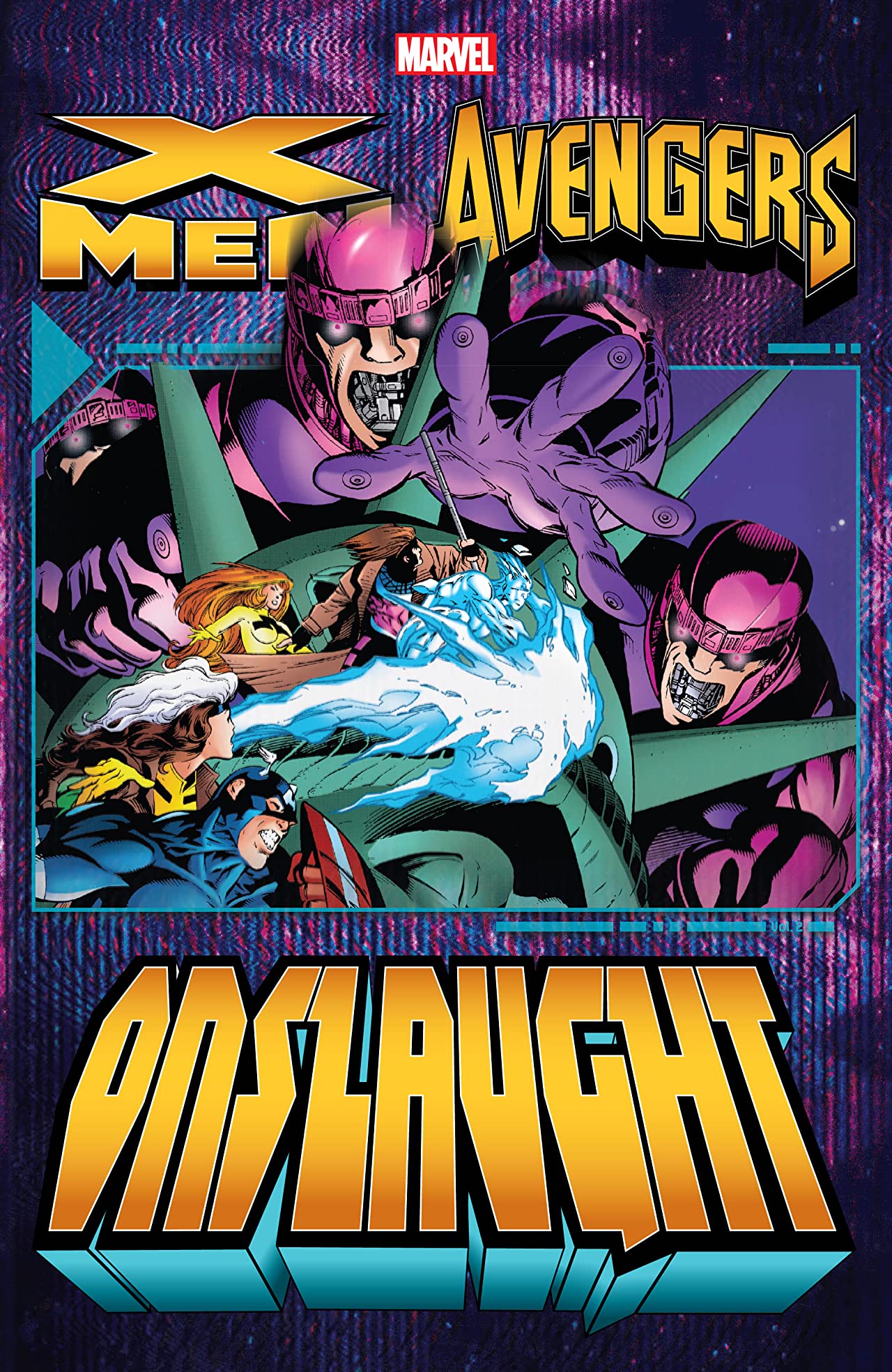 Book cover of X-Men/Avengers: Onslaught Vol. 2 by Jeph Loeb, Peter David, Larry Hama, Howard Mackie, Tom DeFalco, Terry Kavanagh, Mark Waid, Scott Lobdell, Ian Churchill (Illus.), Angel Medina (Illus.), Val Semeiks (Illus.), Jeff Matsuda (Illus.), Stefano Raffaele (Illus.), Mark Bagley (Illus.), John Romita Jr. (Illus.), Josh Hood (Illus.), Steve Skroce (Illus.), Anthony Castrillo (Illus.), Andy Kubert (Illus.), Joe Madureira (Illus.), Joe Bennett (Illus.), Herb Trimpe (Illus.)