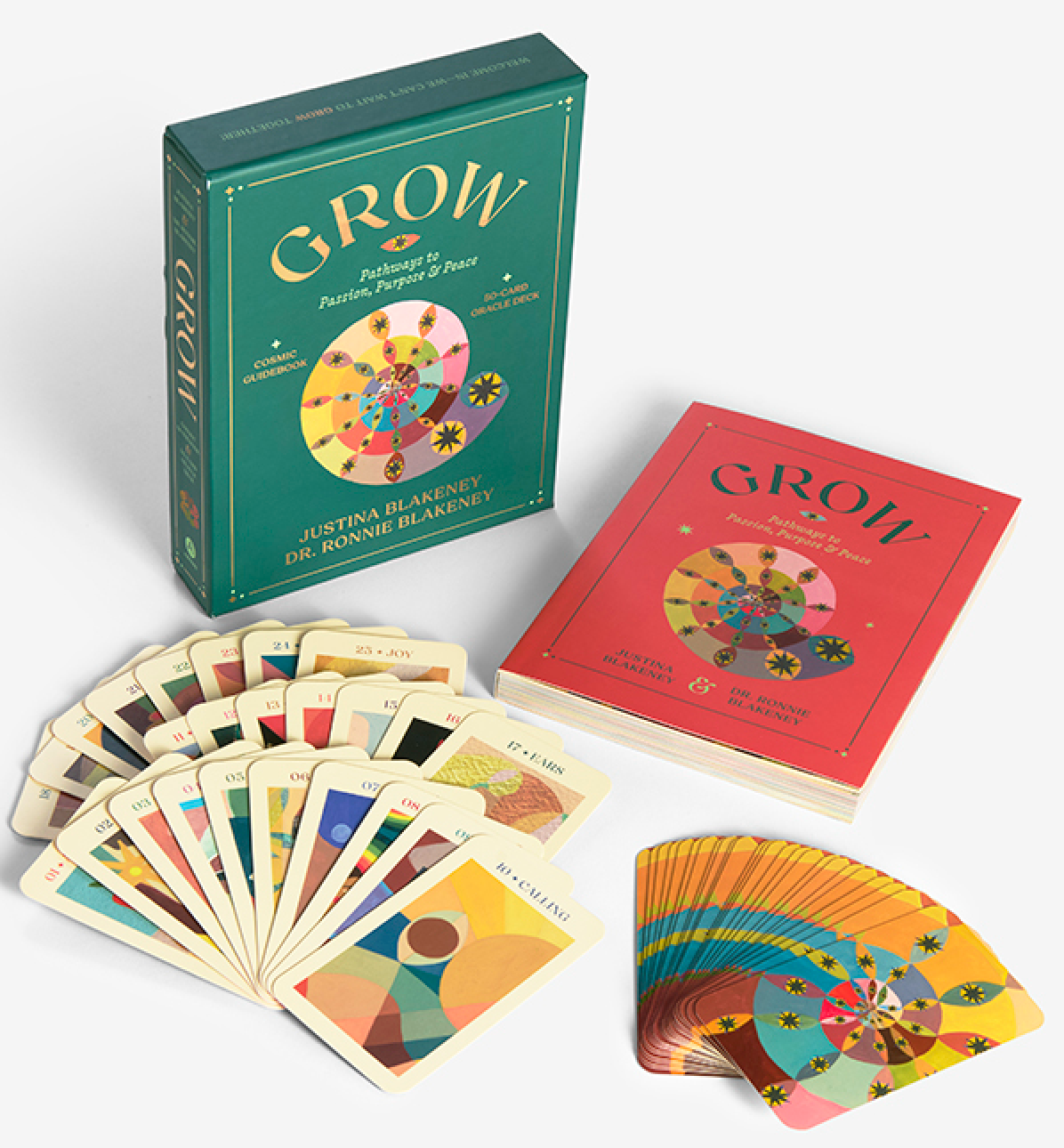 Book cover of Grow: Pathways to Passion, Purpose & Peace Guidebook & Oracle Deck by Justina  Blakeney, Ronnie Blakeney