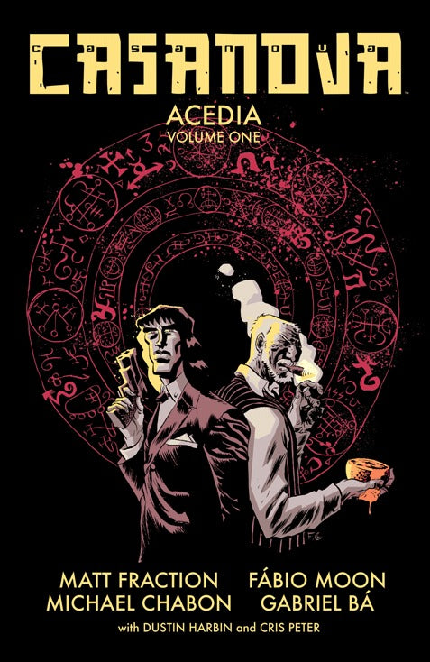 Book cover of Casanova: Acedia, Vol. 1 by Matt Fraction (Writer), Michael Chabon (Writer), Cris Peter (Colourist), Gabriel Bá (Artist), Fábio Moon (Artist), Dustin Harbin (Letterer)