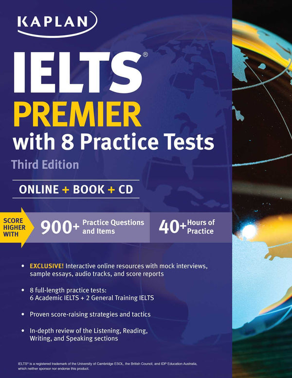 Book cover of IELTS Premier With 8 Practice Tests: Online + Book + CD by Kaplan Test Prep