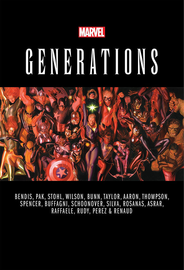 Book cover of Generations by Brian Michael Bendis, Cullen Bunn, Ramon Rosanas (Illustrations), R.B. Silva (Illustrations), Jason Aaron, Greg Pak, Nick Spencer, Margaret Stohl, Tom    Taylor, Mahmud Asrar (Illustrations), Matteo Buffagni (Illustrations), Paul Renaud (Illustrations)