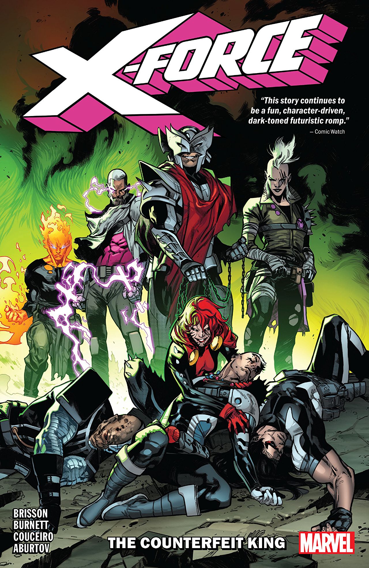 Book cover of X-Force, Vol. 2: The Counterfeit King by Ed Brisson, Dylan Burnett (Illus.), Damian Couceiro (Illus.), Erick Arciniega (Colorist), Jesus Aburtov (Colorist)