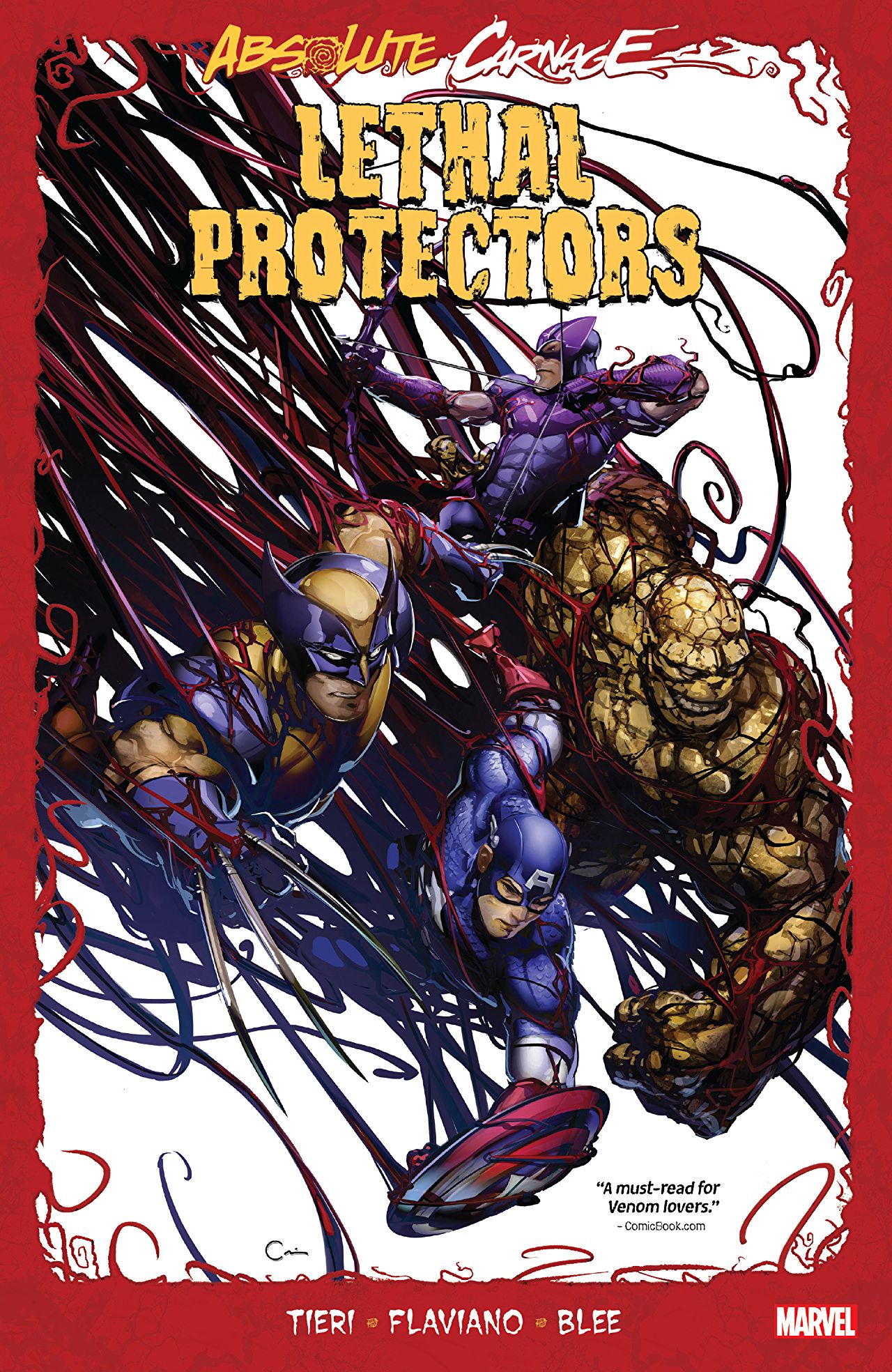 Book cover of Absolute Carnage: Lethal Protectors by Frank Tieri, Flaviano (Illus.), Federico Blee (Colorist), Leah Williams, Zac Thompson, Alberto Jiménez Alburquerque (Illus.), Guiu Vilanova (Illus.), Rachelle Rosenberg (Colorist)