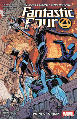 Book cover of Fantastic Four, Vol. 5: Point of Origin by Dan Slott, Paco Medina (Illus.), Sean Izaakse (Illus.), Bob Quinn (Illus.), Luciano Vecchio (Illus.), Carlos Magno (Illus.), Francesco Manna (Illus.), Jesus Aburtov (Color Artist), Marcio Menyz (Color Artist), Erick Arciniega (Color Artist), Joe Caramagna (Letterer), Travis Lanham (Letterer)