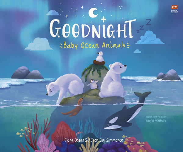 Book cover of Goodnight, Baby Ocean Animals by Alison Sky Simmance, Fiona Ocean Simmance, Thejal Mathura (Illustrations)